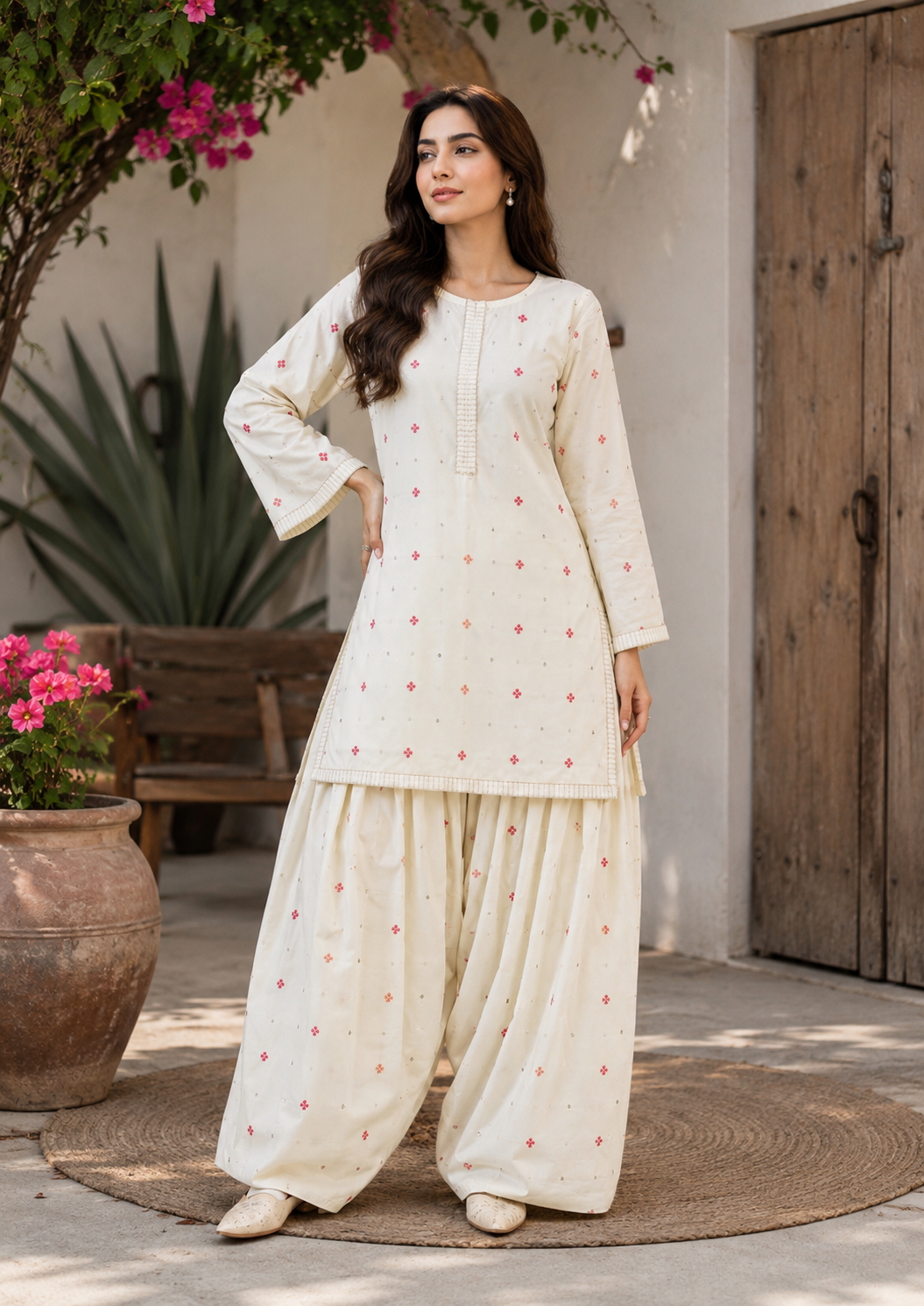 Premium Embroidered 2-Piece Suit – Elegant Cream Collection