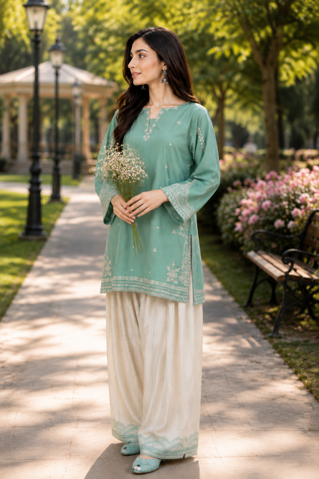 Mint Green Embroidered Lawn 2 Piece Suit | Luxury Pakistani Wear