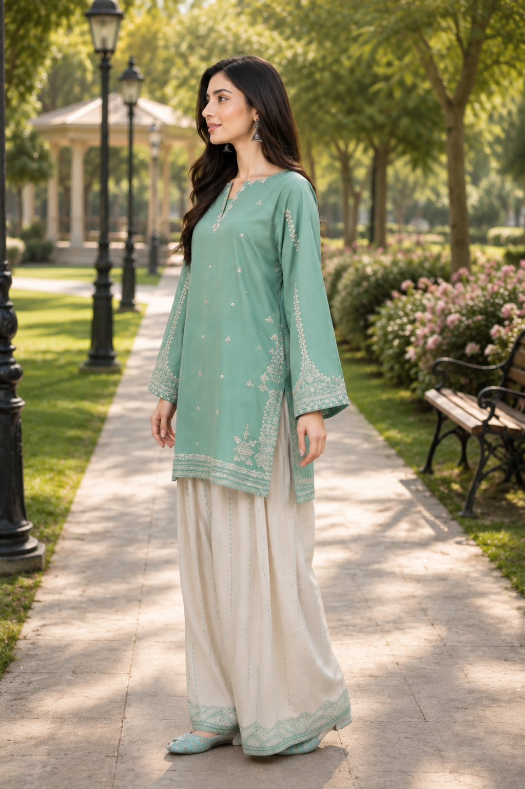Mint Green Embroidered Lawn 2 Piece Suit | Luxury Pakistani Wear