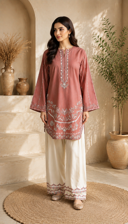Dusty Rose Embroidered 2 Piece Suit | Luxury Pakistani Women's Wear