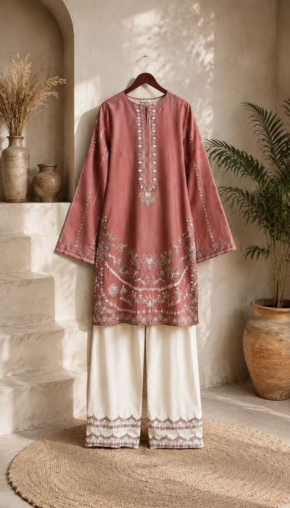 Dusty Rose Embroidered 2 Piece Suit | Luxury Pakistani Women's Wear