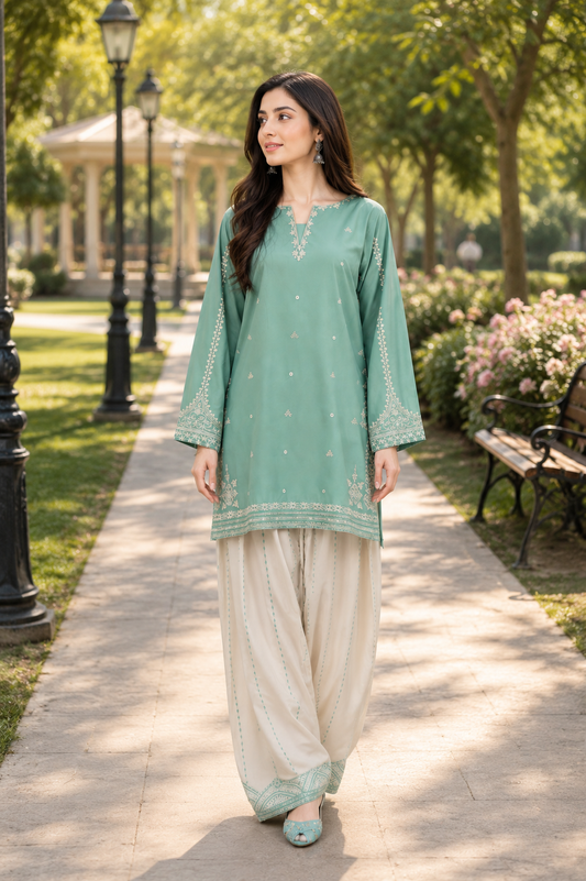 Mint Green Embroidered Lawn 2 Piece Suit | Luxury Pakistani Wear
