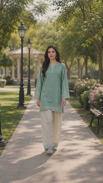 Mint Green Embroidered Lawn 2 Piece Suit | Luxury Pakistani Wear