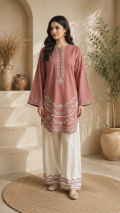 Dusty Rose Embroidered 2 Piece Suit | Luxury Pakistani Women's Wear